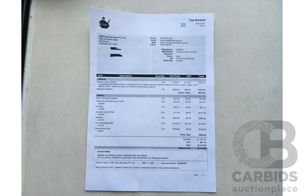 1/2003 Toyota Landcruiser GXL (4x4) UZJ100R 4d Wagon Gold 4.7L