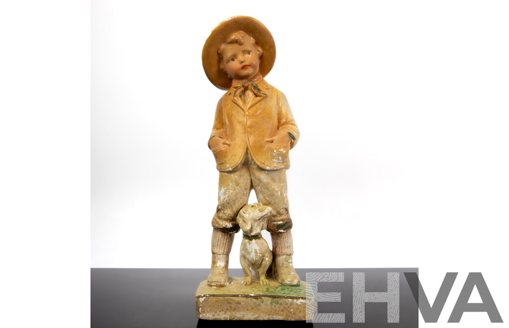 Vintage Plaster Statue, Farmer Boy with Dog