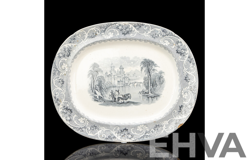 Large Antique Pottery Rhine Pattern Meat Platter