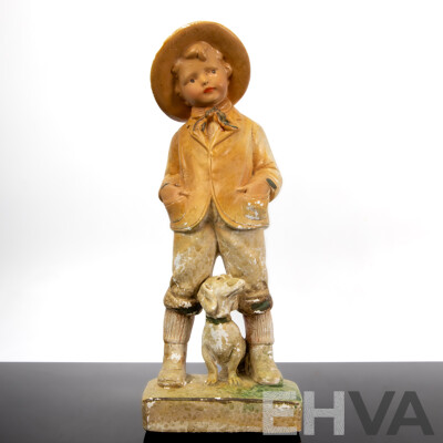 Vintage Plaster Statue, Farmer Boy with Dog