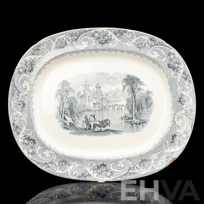Large Antique Pottery Rhine Pattern Meat Platter