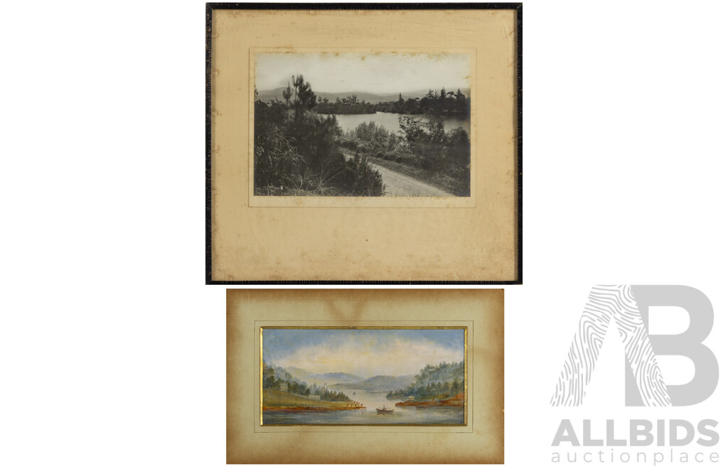 Artists Unknown, Boat Docking & Path by Water, Pair of Antique Landscapes Watercolour & Photograph, 40 x 44 cm (largest) (2)