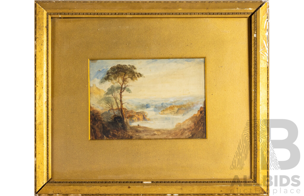 Artist Unknown (19th Century), Walk by Water's Edge, Antique Watercolour, 43 x 50 cm (frame)