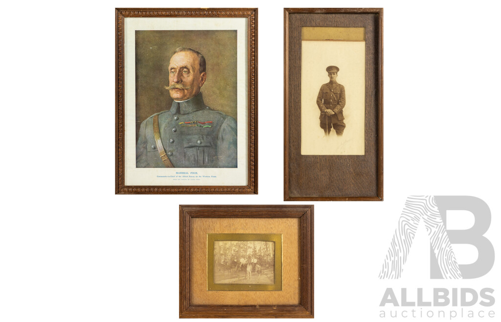 Trio of Antique Photographs & Print CWWI  Featuring Print Portrait of Marshal Foch, Photographic Portrait of Soldier & Trio on Horseback, 30 x 22 cm (largest frame) (3)
