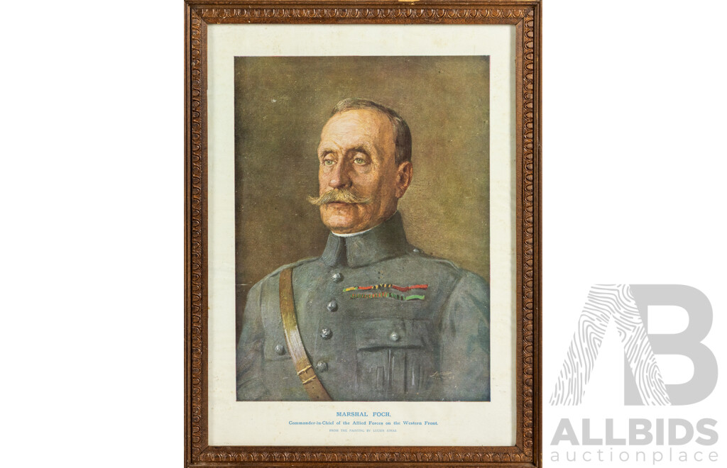 Trio of Antique Photographs & Print CWWI  Featuring Print Portrait of Marshal Foch, Photographic Portrait of Soldier & Trio on Horseback, 30 x 22 cm (largest frame) (3)