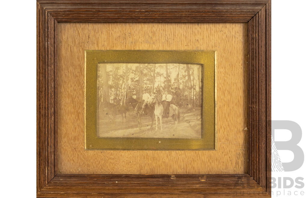Trio of Antique Photographs & Print CWWI  Featuring Print Portrait of Marshal Foch, Photographic Portrait of Soldier & Trio on Horseback, 30 x 22 cm (largest frame) (3)