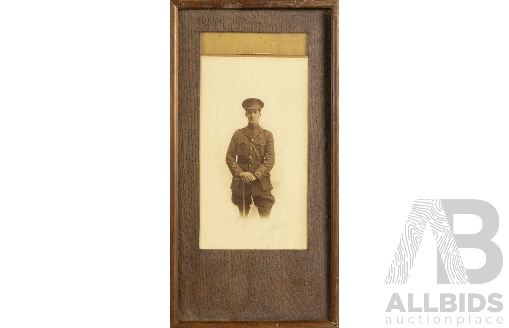 Trio of Antique Photographs & Print CWWI  Featuring Print Portrait of Marshal Foch, Photographic Portrait of Soldier & Trio on Horseback, 30 x 22 cm (largest frame) (3)