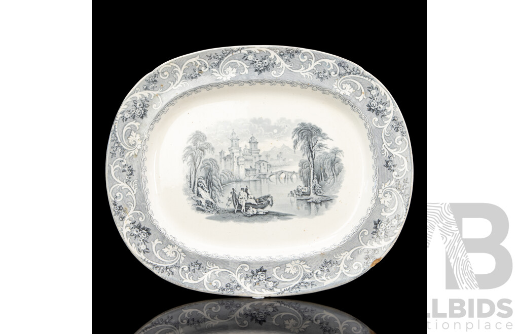 Large Antique Pottery Rhine Pattern Meat Platter