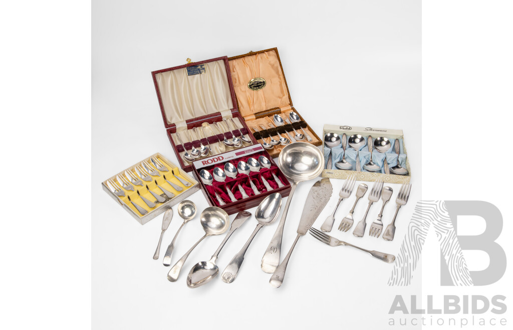 Collection of Quality Silver Plate Cutlery Including Boxed Rodd, Slack & Barlow, Sheffield Teaspoon Sets, Soup Ladle, Fish Serving Knife