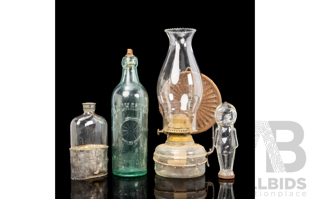Antique Embossed Marchants Ltd Australia Bottle with Stamped Threaded Stopper, Antique Wall Mount Kerosene Lamp, Hip Flask and Kewpie Bottle
