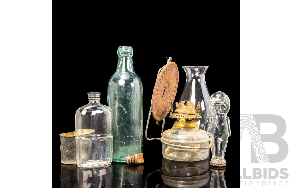 Antique Embossed Marchants Ltd Australia Bottle with Stamped Threaded Stopper, Antique Wall Mount Kerosene Lamp, Hip Flask and Kewpie Bottle