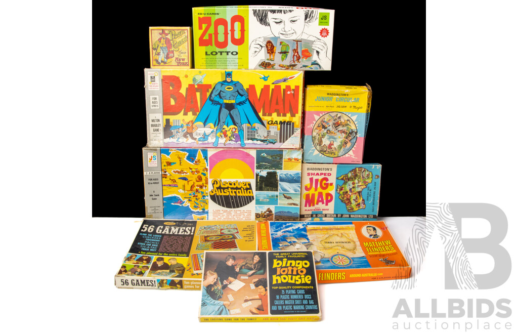 Collection of Vintage Board Games and Jigsaws Including Matthew Flinders Around Australia, Waddington's Australia Shaped Jigsaw, Discover Australia, John Sands Batman Game, Zoo Lotto, Bingo Lotto House