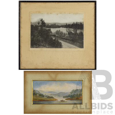 Artists Unknown, Boat Docking & Path by Water, Pair of Antique Landscapes Watercolour & Photograph, 40 x 44 cm (largest) (2)