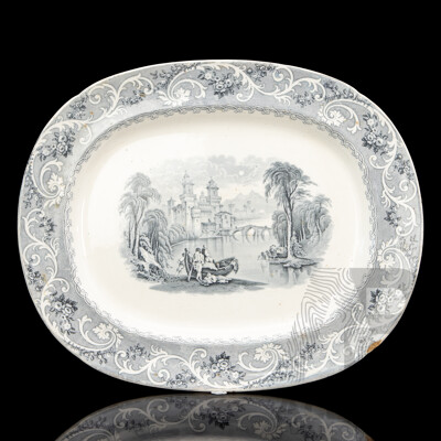 Large Antique Pottery Rhine Pattern Meat Platter
