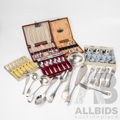 Collection of Quality Silver Plate Cutlery Including Boxed Rodd, Slack & Barlow, Sheffield Teaspoon Sets, Soup Ladle, Fish Serving Knife
