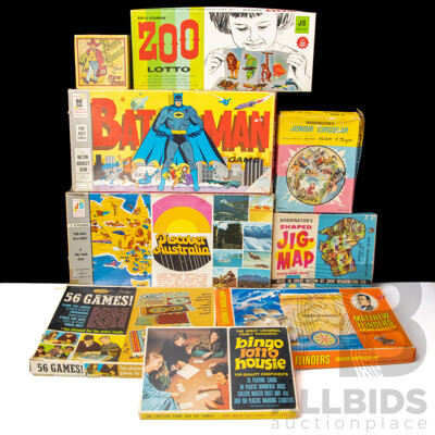 Collection of Vintage Board Games and Jigsaws Including Matthew Flinders Around Australia, Waddington's Australia Shaped Jigsaw, Discover Australia, John Sands Batman Game, Zoo Lotto, Bingo Lotto House