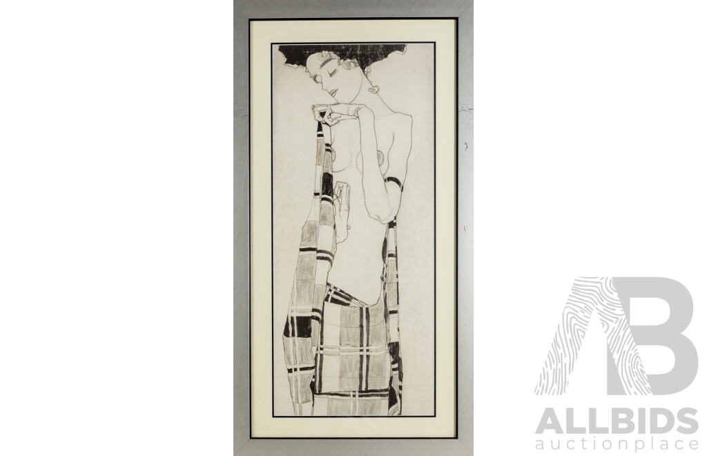 Egon Schiele (20thEgon Schiele, (19/20th Centuries, Austrian, 1890-1918) Reproduction Print of Original Conté Crayon & Tempera Wash Over Black Chalk on Brown Wrapping Paper, 100 X 54 Cm (frame)