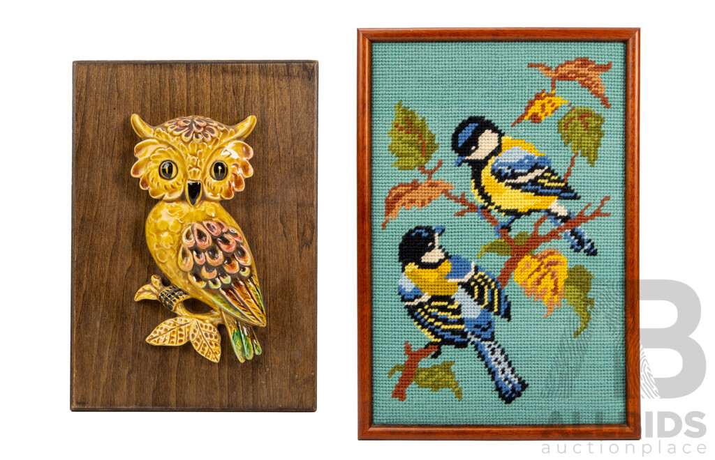 Vintage Ceramic Wall Relief of an Owl and Framed Swallows Tapestry (2)
