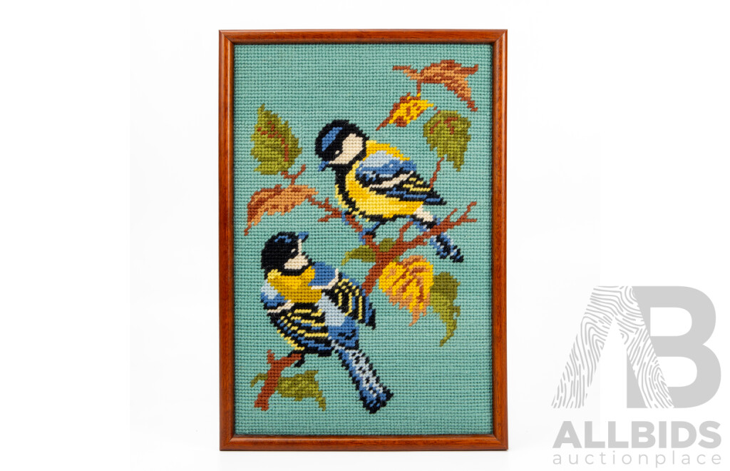 Vintage Ceramic Wall Relief of an Owl and Framed Swallows Tapestry (2)