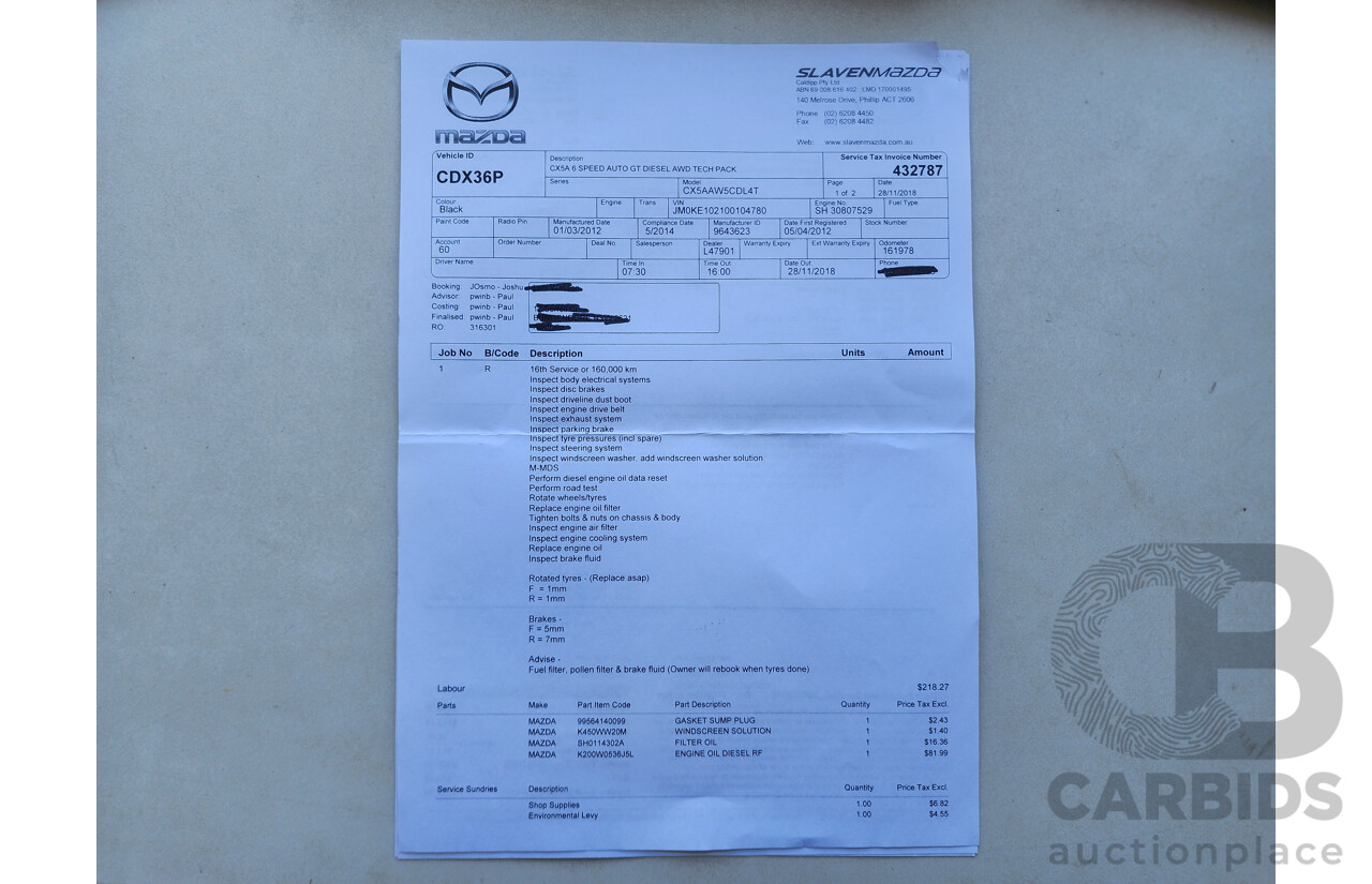 3/2012 Mazda Cx-5 Grand Tourer (4x4)  4d Wagon Black 2.2L