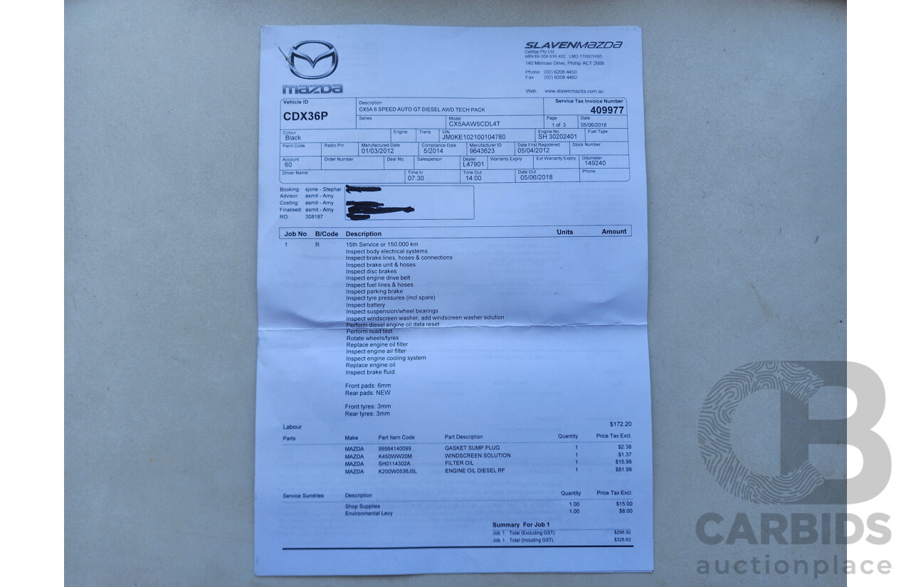 3/2012 Mazda Cx-5 Grand Tourer (4x4)  4d Wagon Black 2.2L