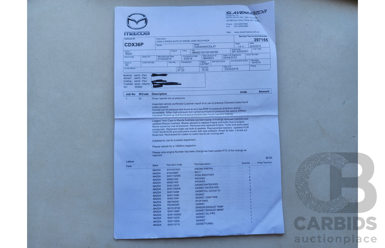 3/2012 Mazda Cx-5 Grand Tourer (4x4)  4d Wagon Black 2.2L