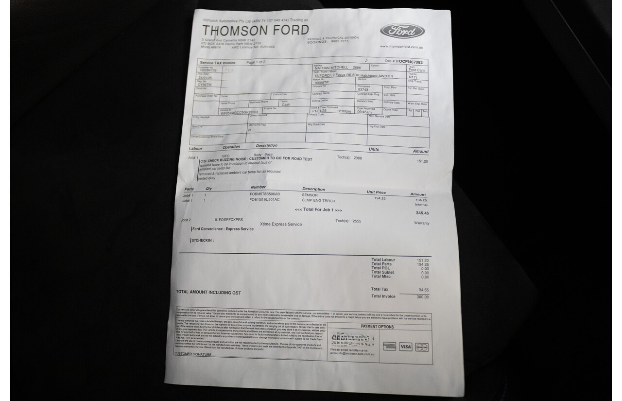 8/2016 Ford Focus RS (AWD) LZ 5D Hatchback Nitrous Blue Pearl Turbo 2.3L