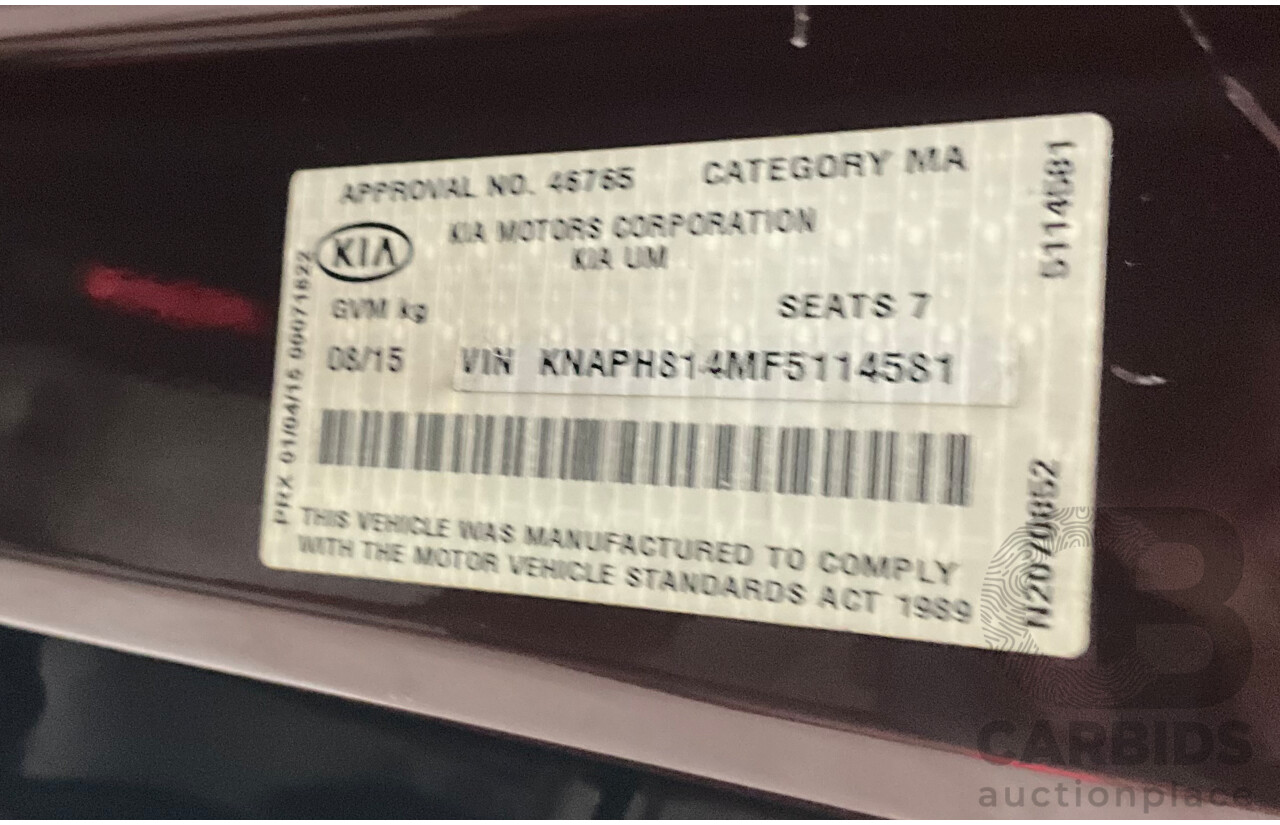 8/2015 Kia Sorento SLi (4x2) UM 4D Wagon Sunset Red Metallic V6 3.3L