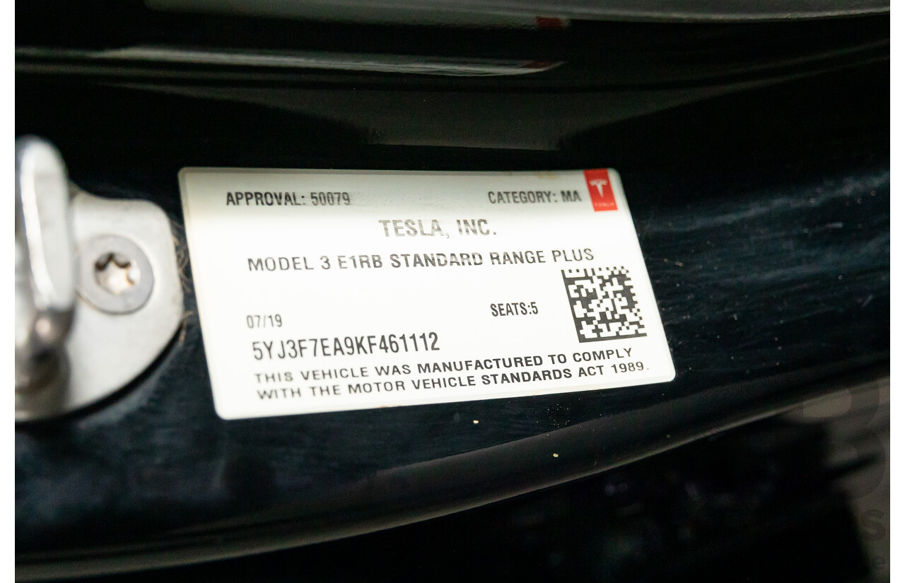 07/2019 Tesla Model 3 Standard Range (RWD) MY19 5d Sedan Black Dedicated Electric EV - 190kW