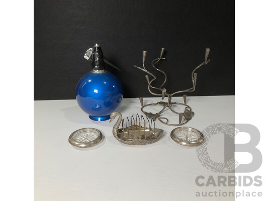 Collection of Sundries Includes Sparklets Globemaster Soda Syphon, Glass Coasters, Sliver-plated Candle Stick Holder and Swan Toast Rack