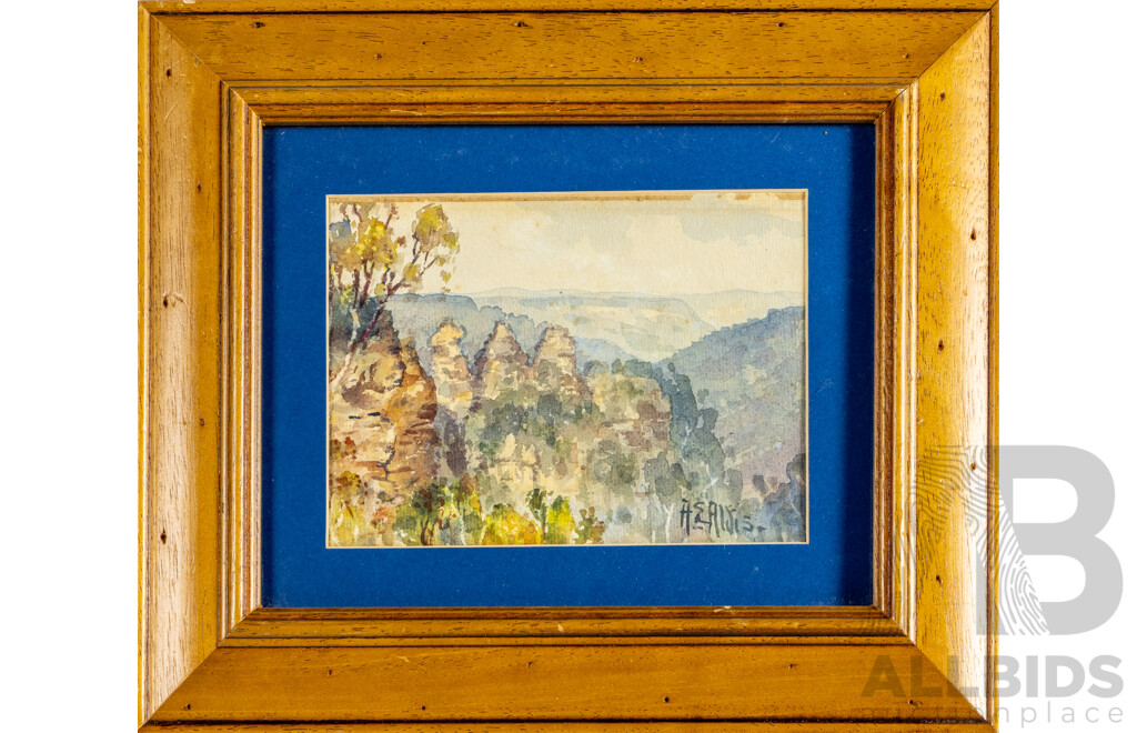 Albert Edward Aldis (19/20th Centuries, 1865 or 1870-1921, British-Born Australian), Three Sisters, Blue Mountains, Wonderful Original Antique Watercolour, 30H x 34W cm (frame)