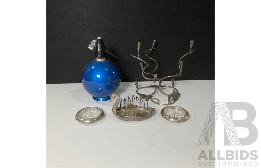Collection of Sundries Includes Sparklets Globemaster Soda Syphon, Glass Coasters, Sliver-plated Candle Stick Holder and Swan Toast Rack