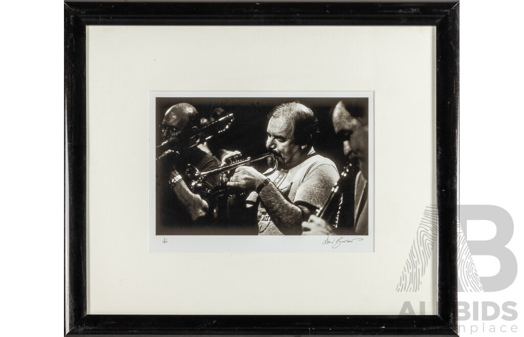 Don Burrows AO MBE (20th Century, Australian, 1928-2020), Portrait of Trumpeter Robert Graeme 'Bob' Barnard (1933-2022), Original Limited Editioned Photograph, 59H x 69W cm (frame)