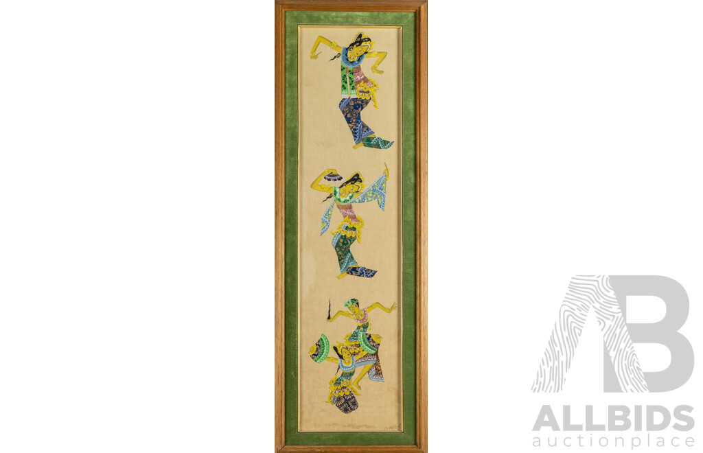 Ida Rai (20th Century, Balinese, 1915-2000) Trio of Balinese Legong Dancers, Original Vintage Chinese Black Ink and Colour Wash on Cloth Panel, 101H x 35W cm (frame)