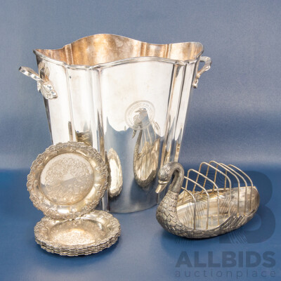 Vintage E.P.N.S US Marine Corps Champagne Bucket with Six Coasters on Swan Form Stand