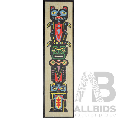 Artist Unknown (20th Century, Indigenous-American), Totem Pole, Vintage Cross Stitch on Linen Panel, 136H x 36W cm (frame)