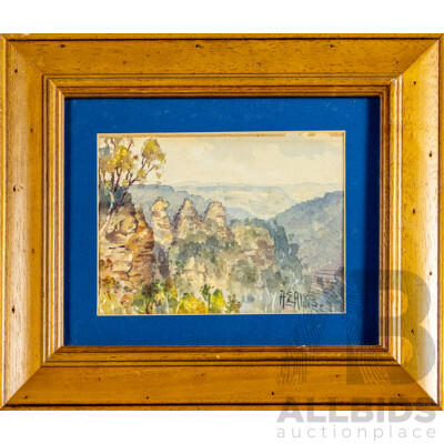 Albert Edward Aldis (19/20th Centuries, 1865 or 1870-1921, British-Born Australian), Three Sisters, Blue Mountains, Wonderful Original Antique Watercolour, 30H x 34W cm (frame)