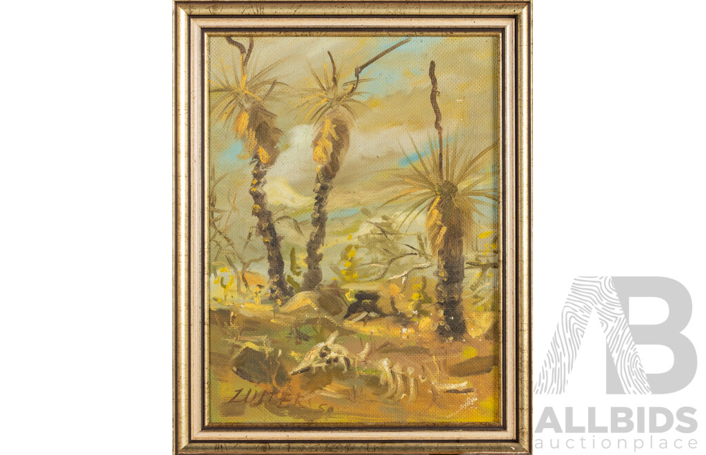 Reinis Zusters OAM (20th Century, Latvian-Born Australian, 1919-1999), Landscape - Outback Grass Trees (1950) & Italian Village Stroll (1949), Wonderful Pair Mid-Century Original Oils, 33H x 43W cm (largest frame) (2)