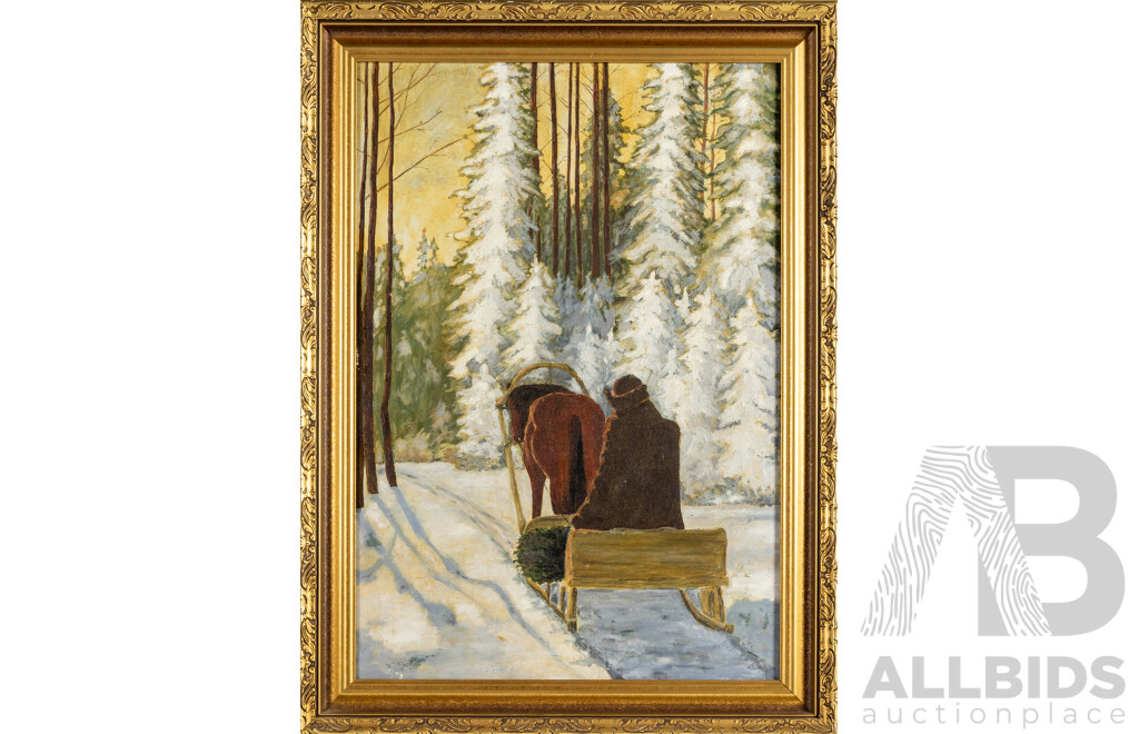 Artist Unknown (20th Century), Heading Home Through the Snow, Vintage Oil on Canvas Cloth, 76H x 56W cm (frame)