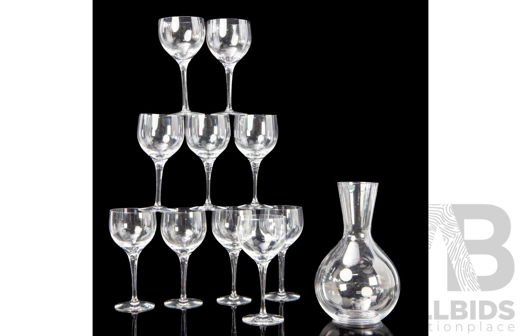 Collection of 10 'Illusion' Crystal White Wine Glasses by Nils Landberg with Orrefors Carafe