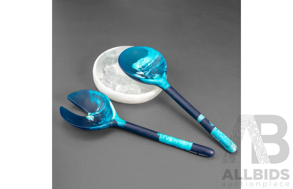 Pair of Long Marbled 'moon' Salad Servers by Dinosaur Designs Together with a Small Rock White Bowl