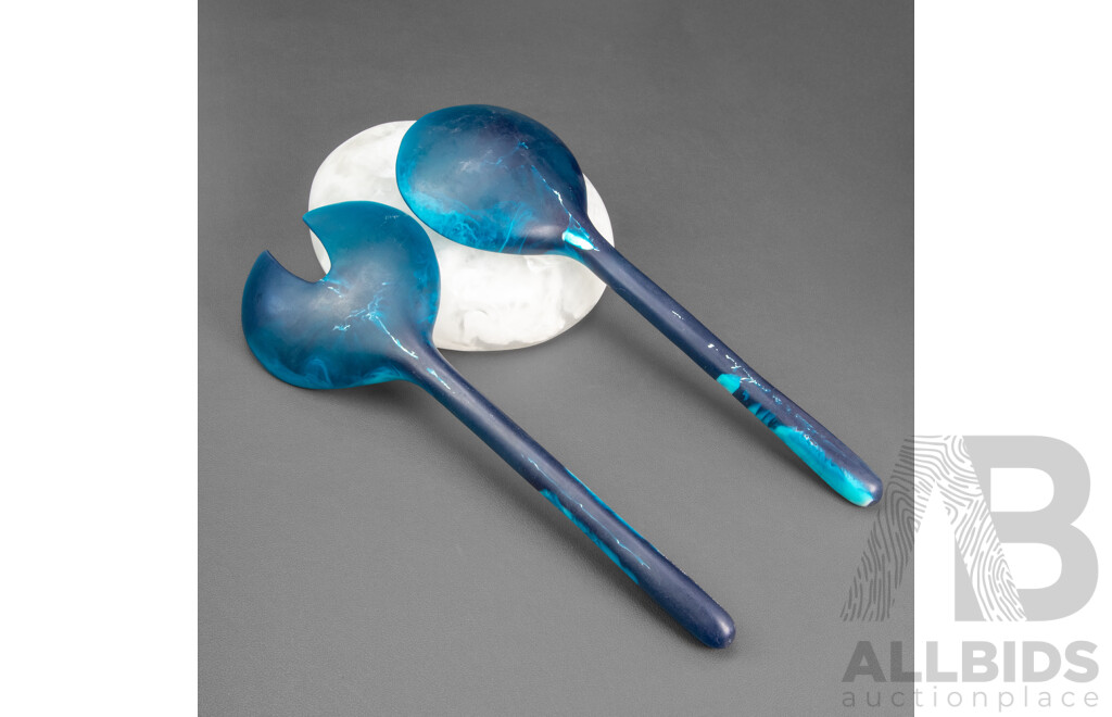 Pair of Long Marbled 'moon' Salad Servers by Dinosaur Designs Together with a Small Rock White Bowl