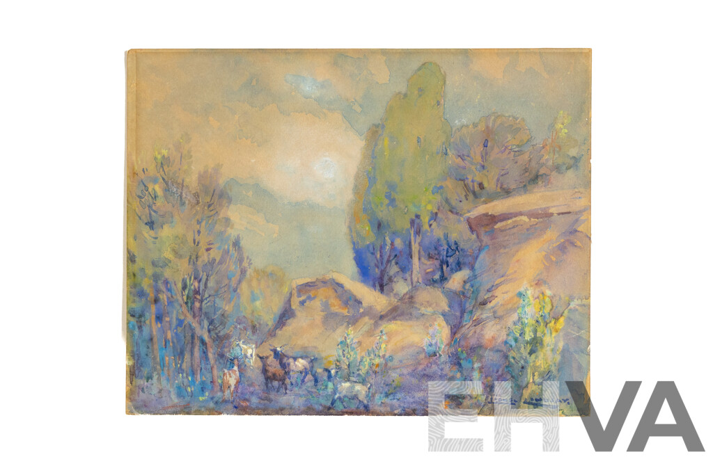 LIVE AUCTION 2  Sir Lionel Arthur Lindsay (19/20th Centuries, 1874 – 1961), the Goat Path, Antique Original Watercolour, on Brown Card,  20 X 25 Cm (image)