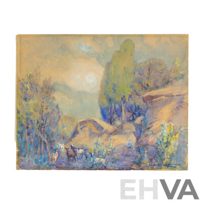 LIVE AUCTION 2  Sir Lionel Arthur Lindsay (19/20th Centuries, 1874 – 1961), the Goat Path, Antique Original Watercolour, on Brown Card,  20 X 25 Cm (image)