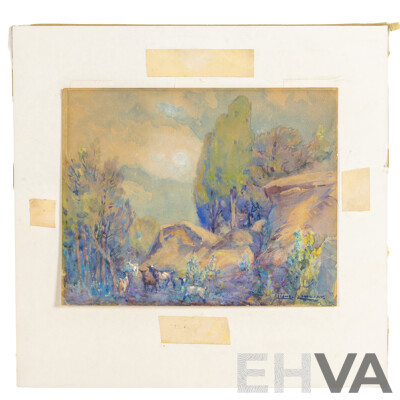 LIVE AUCTION 2  Sir Lionel Arthur Lindsay (19/20th Centuries, 1874 – 1961), the Goat Path, Antique Original Watercolour, on Brown Card,  20 X 25 Cm (image)