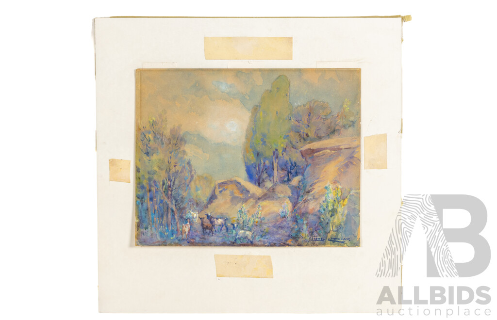 LIVE AUCTION 2  Sir Lionel Arthur Lindsay (19/20th Centuries, 1874 – 1961), the Goat Path, Antique Original Watercolour, on Brown Card,  20 X 25 Cm (image)