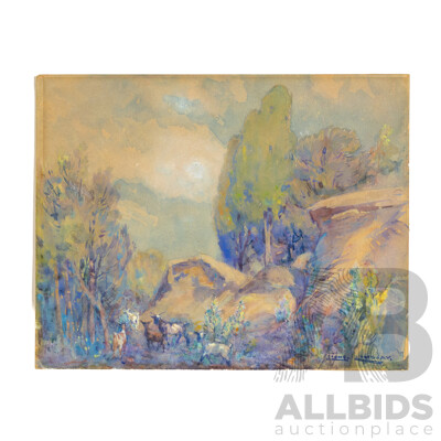 LIVE AUCTION 2  Sir Lionel Arthur Lindsay (19/20th Centuries, 1874 – 1961), the Goat Path, Antique Original Watercolour, on Brown Card,  20 X 25 Cm (image)