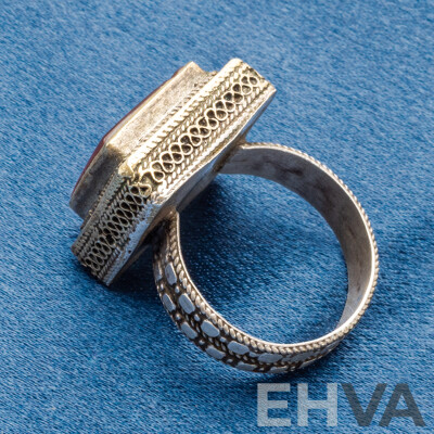 L108 - Vintage Silver Plated Arabic Inscribed Carnelian Seal Ring - Size S