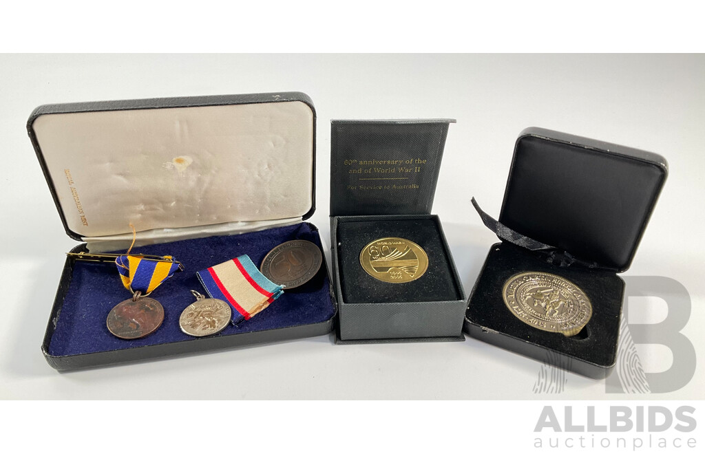 Collection of Medals Including Australian 2005 Department of Veterans Affairs WW2 Service Medal, Lest We Forget Fifty Years End of WW2, 1945 WW2 Victory Medal, NSW 1938 150th Anniversary.............