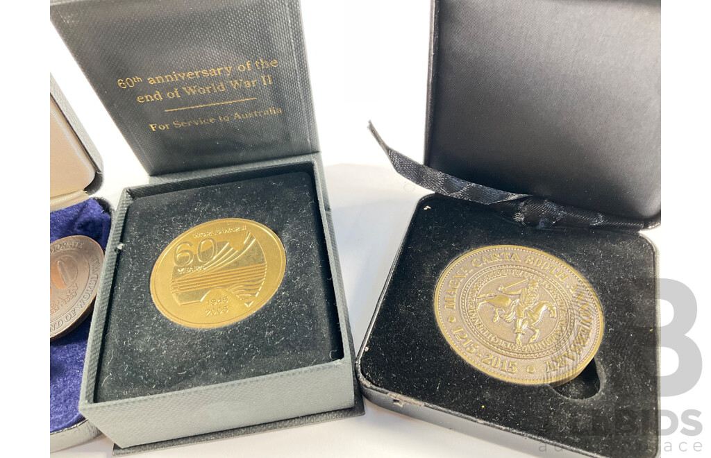 Collection of Medals Including Australian 2005 Department of Veterans Affairs WW2 Service Medal, Lest We Forget Fifty Years End of WW2, 1945 WW2 Victory Medal, NSW 1938 150th Anniversary.............